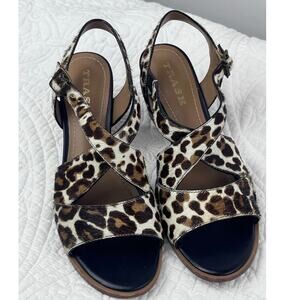Trask Women 8 White/Brown Cheetah Leather Open Toe Luxury Comfort Heel Sandals